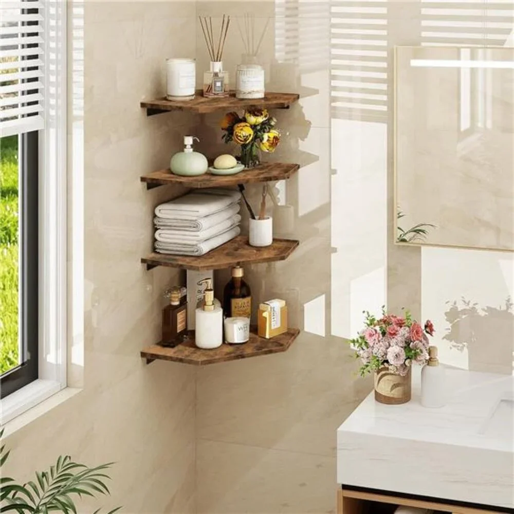 Corner Shelf Wall Mount,Set of 4Floating Corner Shelves with Cord Hole for Cable